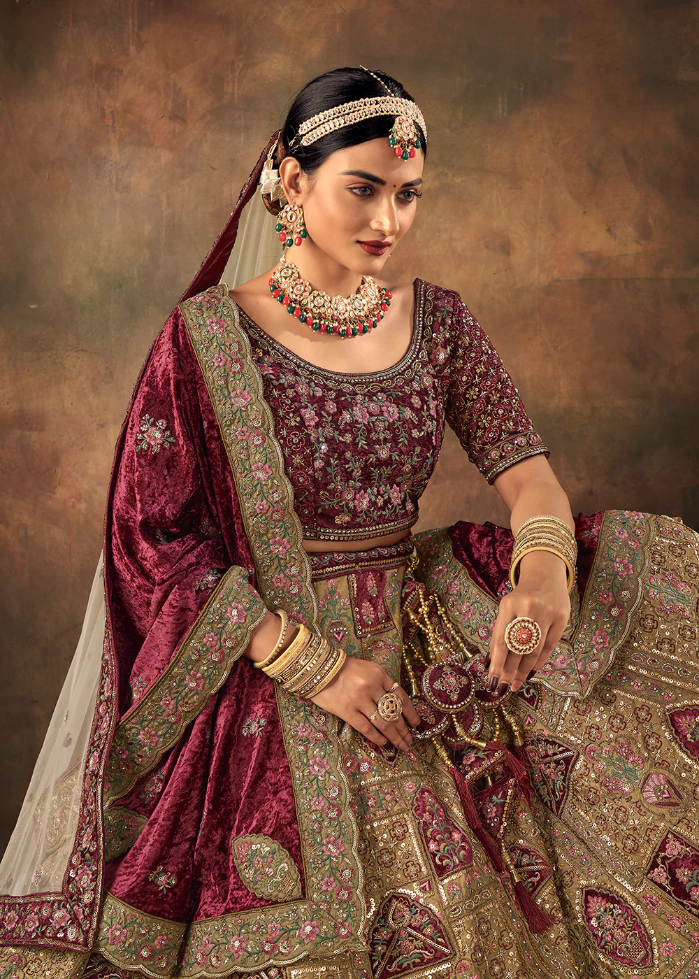Beige Velvet Hand Embroidered Bridal Lehenga Choli - Image 2