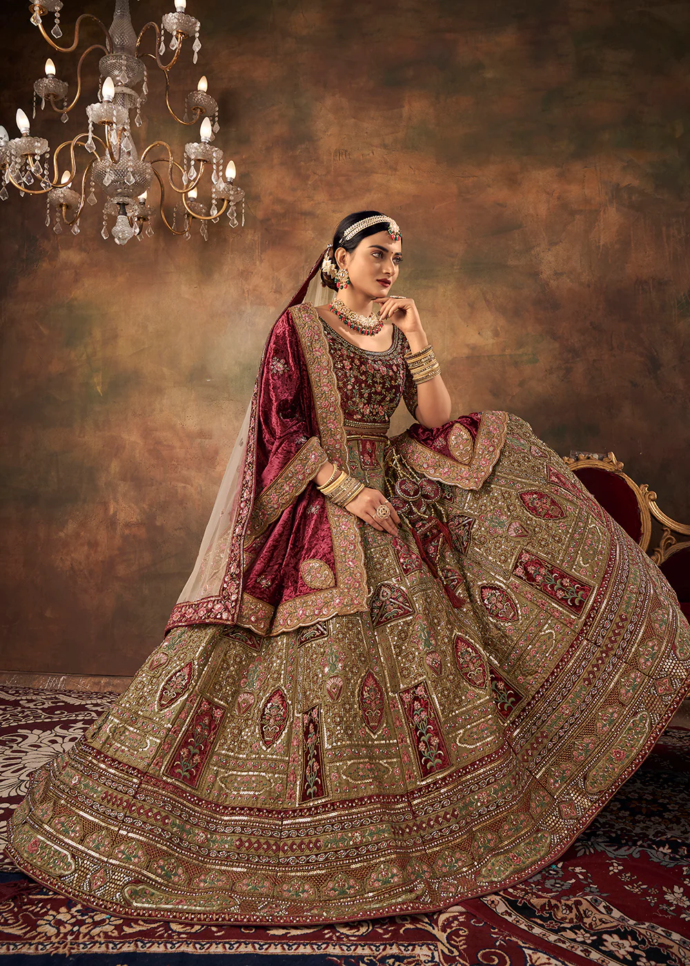 Beige Velvet Hand Embroidered Bridal Lehenga Choli - Image 3