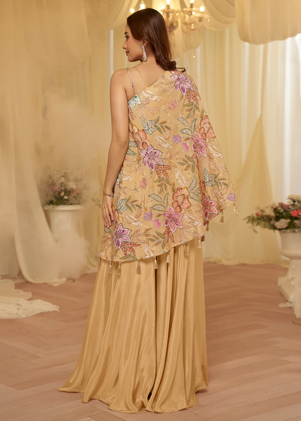 Beige Viscose Crepe Stylist Indo Western Palazzo Dress - Image 3