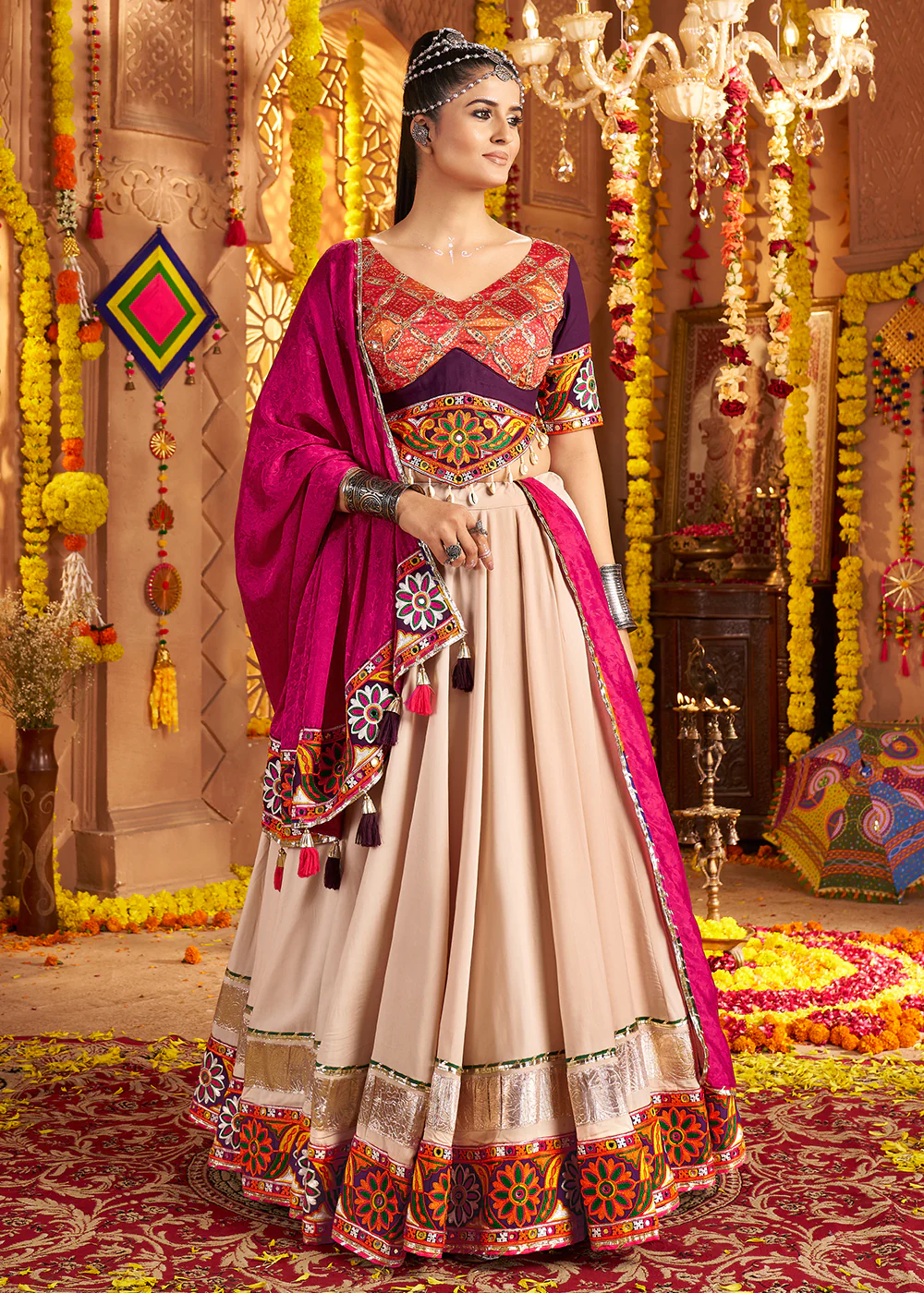 Beige Viscose Rayon Embroidered Navratri Chaniya Choli