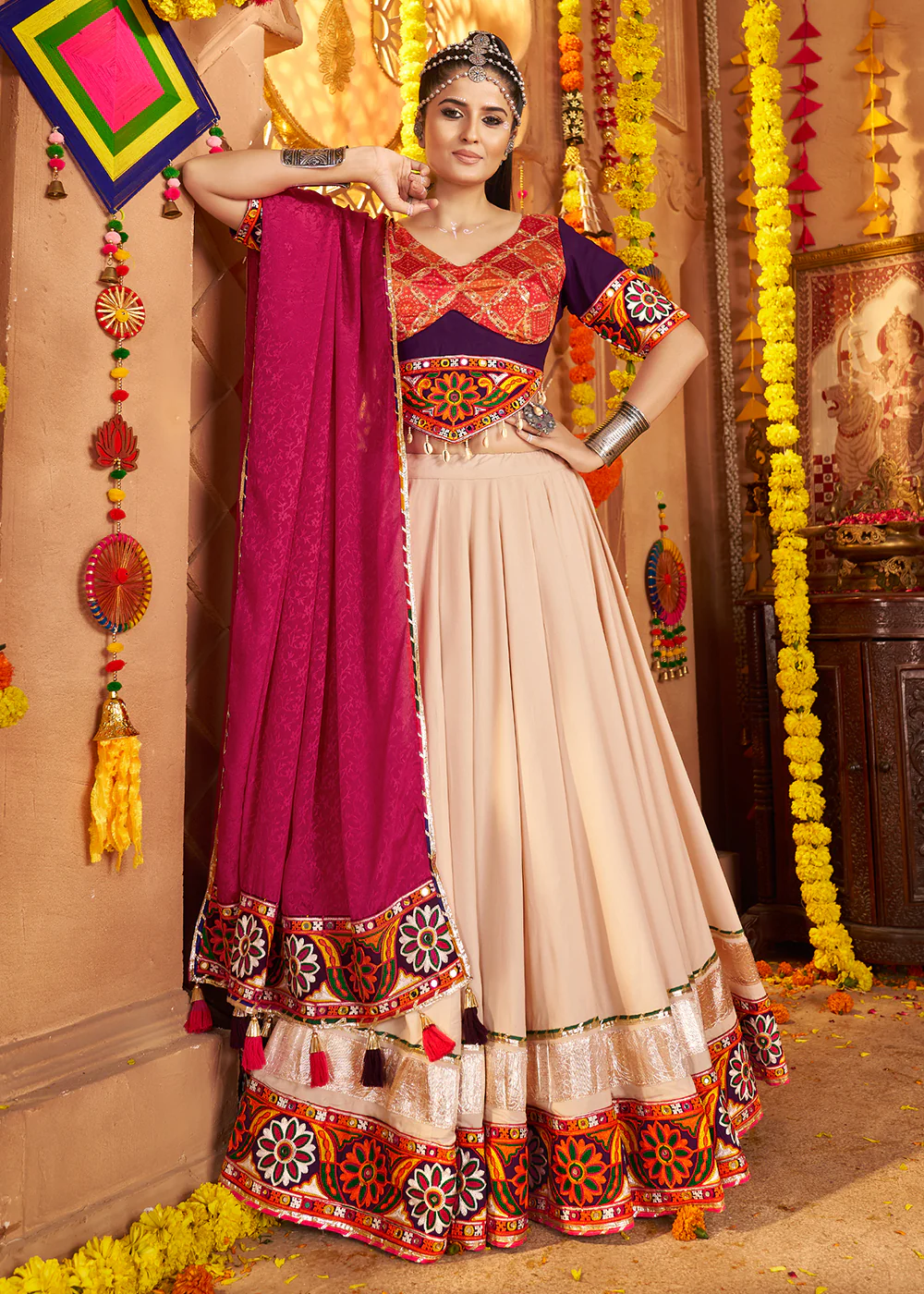 Beige Viscose Rayon Embroidered Navratri Chaniya Choli - Image 3