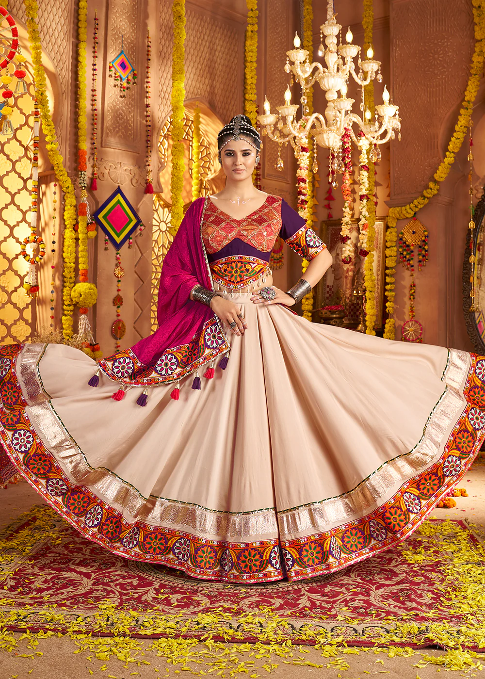 Beige Viscose Rayon Embroidered Navratri Chaniya Choli - Image 4