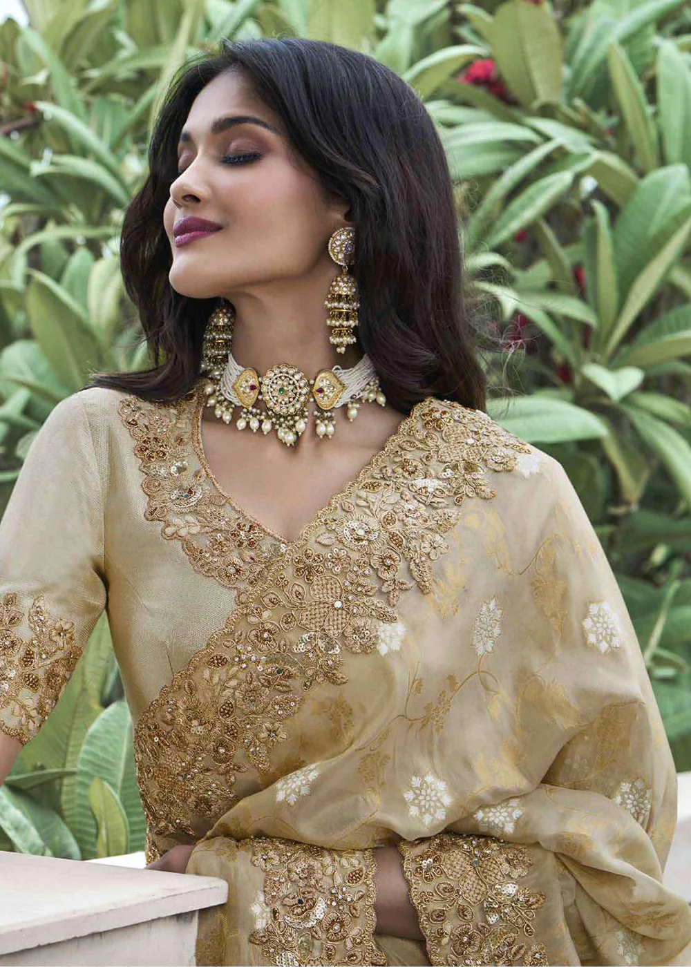 Beige Viscose Silk Embroidered Designer Wedding Saree - Image 2