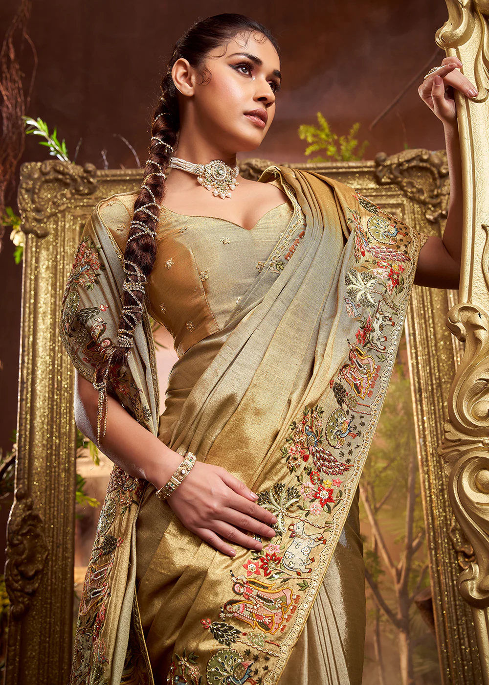 Beige Viscose Silk Heavy Embroidered Wedding Saree - Image 2