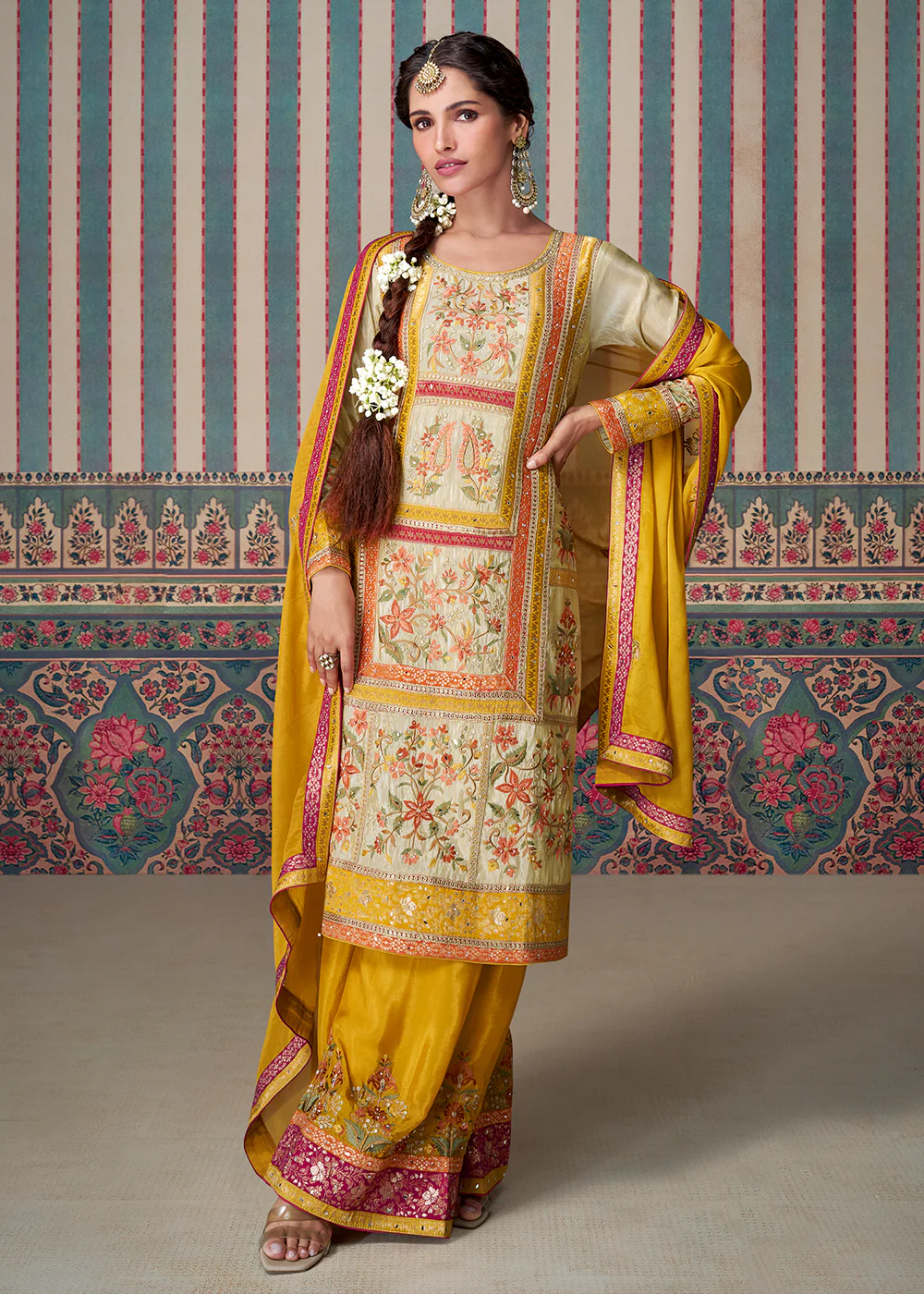 Beige & Yellow All Over Lace Embroidered Palazzo Suit