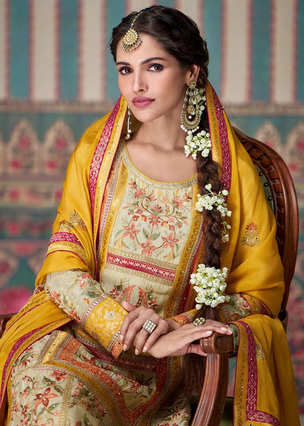 Beige & Yellow All Over Lace Embroidered Palazzo Suit - Image 2