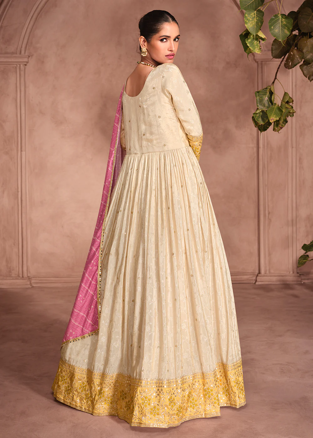 Beige & Yellow Embroidered Anarkali Gown with Bandhani Dupatta - Image 3