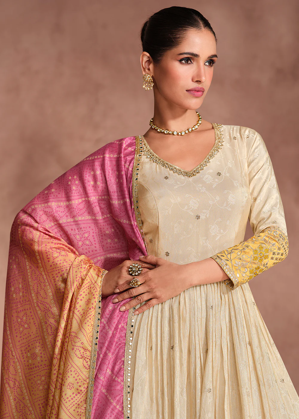 Beige & Yellow Embroidered Anarkali Gown with Bandhani Dupatta - Image 4