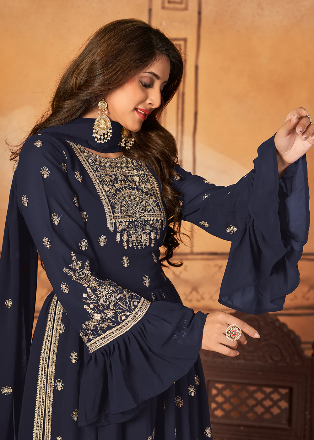 Bell Sleeved Dazzling Blue Wedding Function Palazzo Suit - Image 2