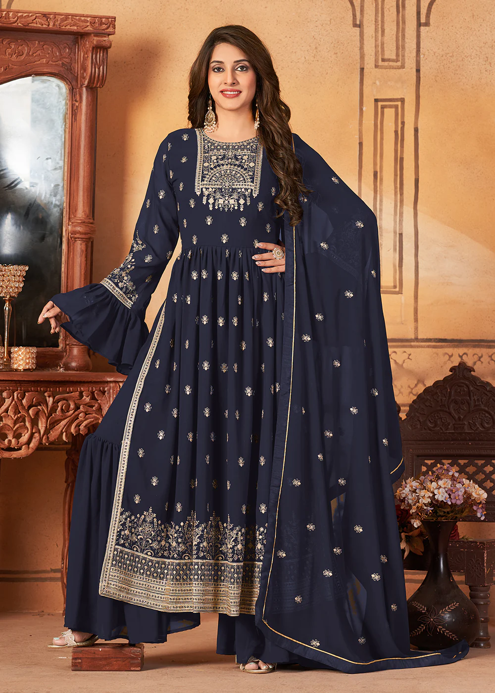 Bell Sleeved Dazzling Blue Wedding Function Palazzo Suit - Image 3