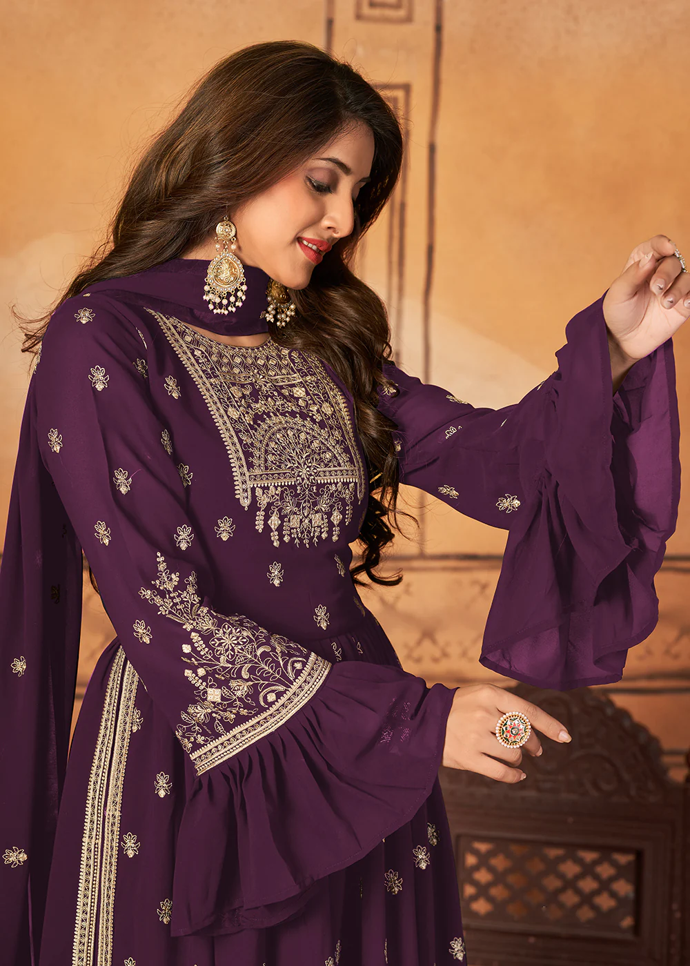 Bell Sleeved Fascinating Purple Wedding Function Palazzo Suit - Image 2