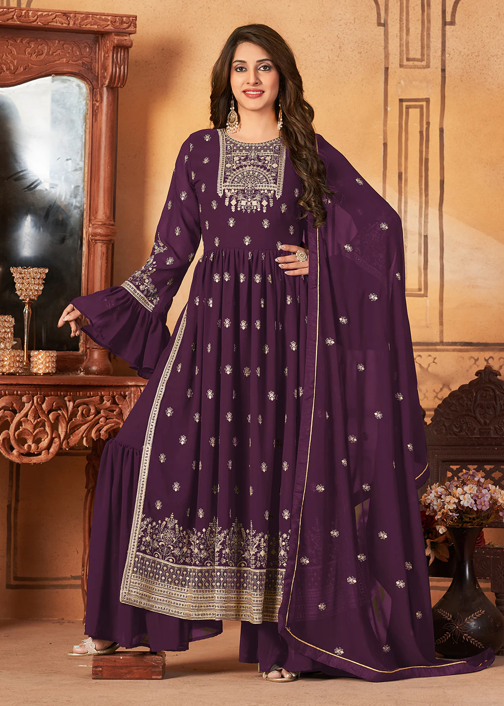 Bell Sleeved Fascinating Purple Wedding Function Palazzo Suit - Image 3