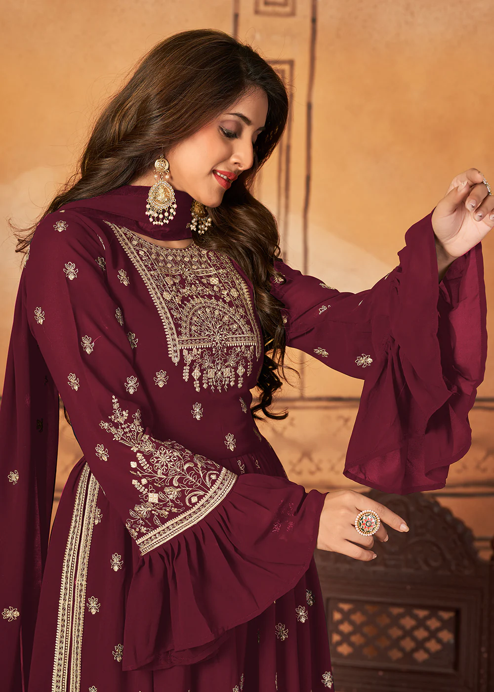 Bell Sleeved Radiant Maroon Wedding Function Palazzo Suit - Image 2