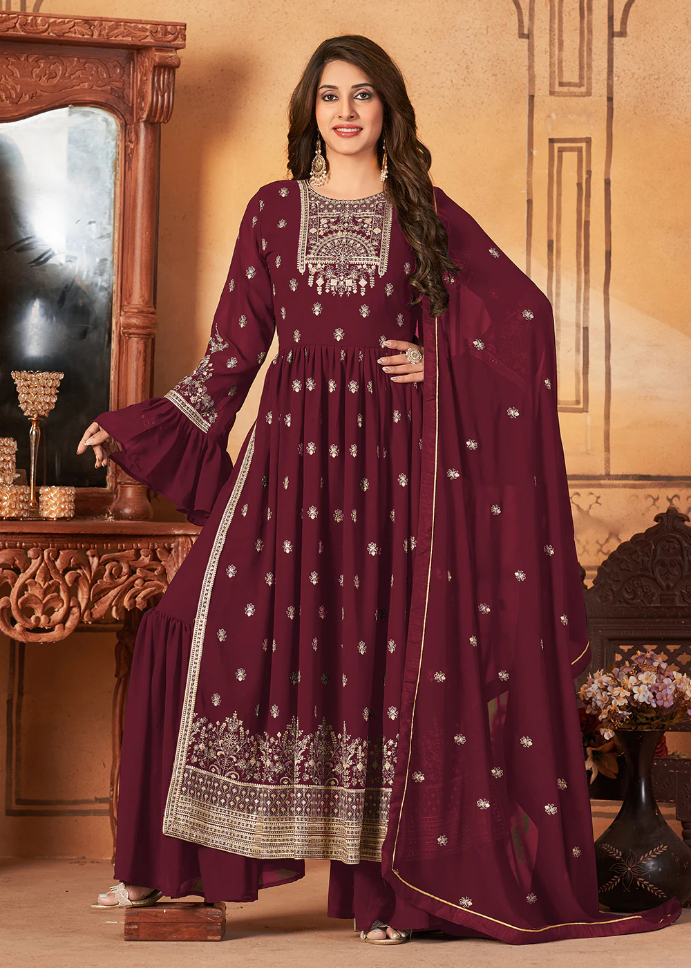 Bell Sleeved Radiant Maroon Wedding Function Palazzo Suit - Image 3