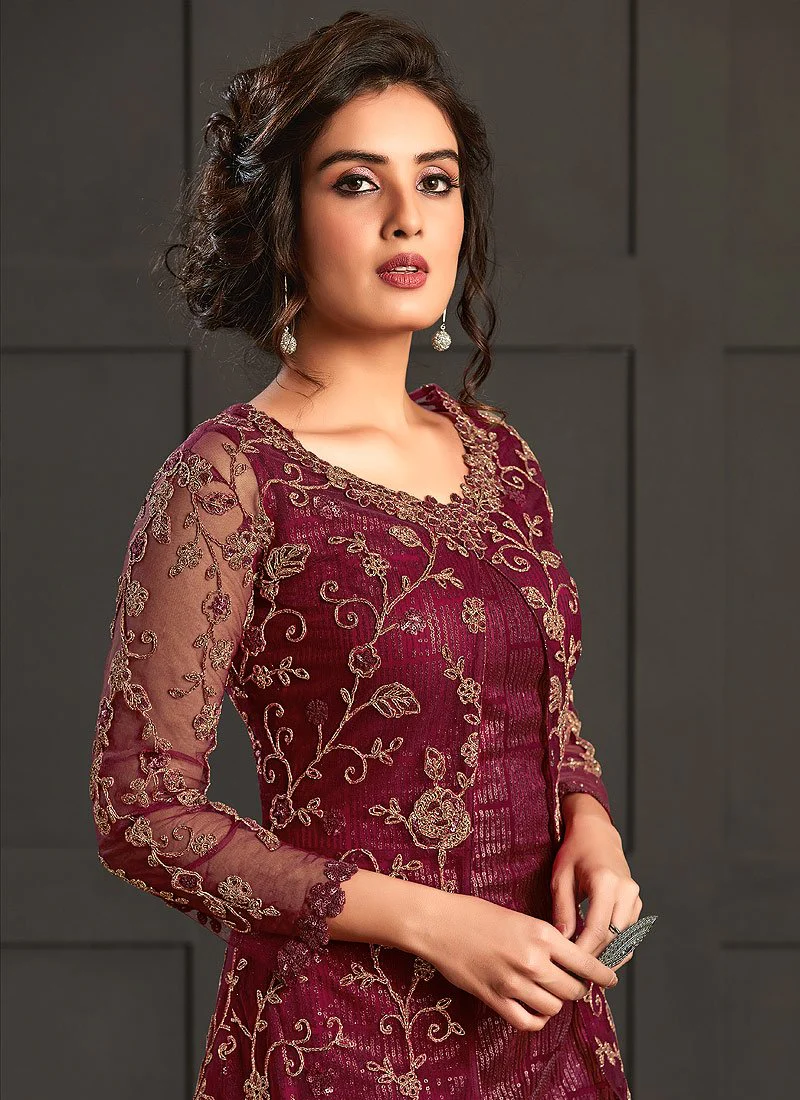 Bewitching Maroon Embroidered Net Jacket Style Suit - Image 2
