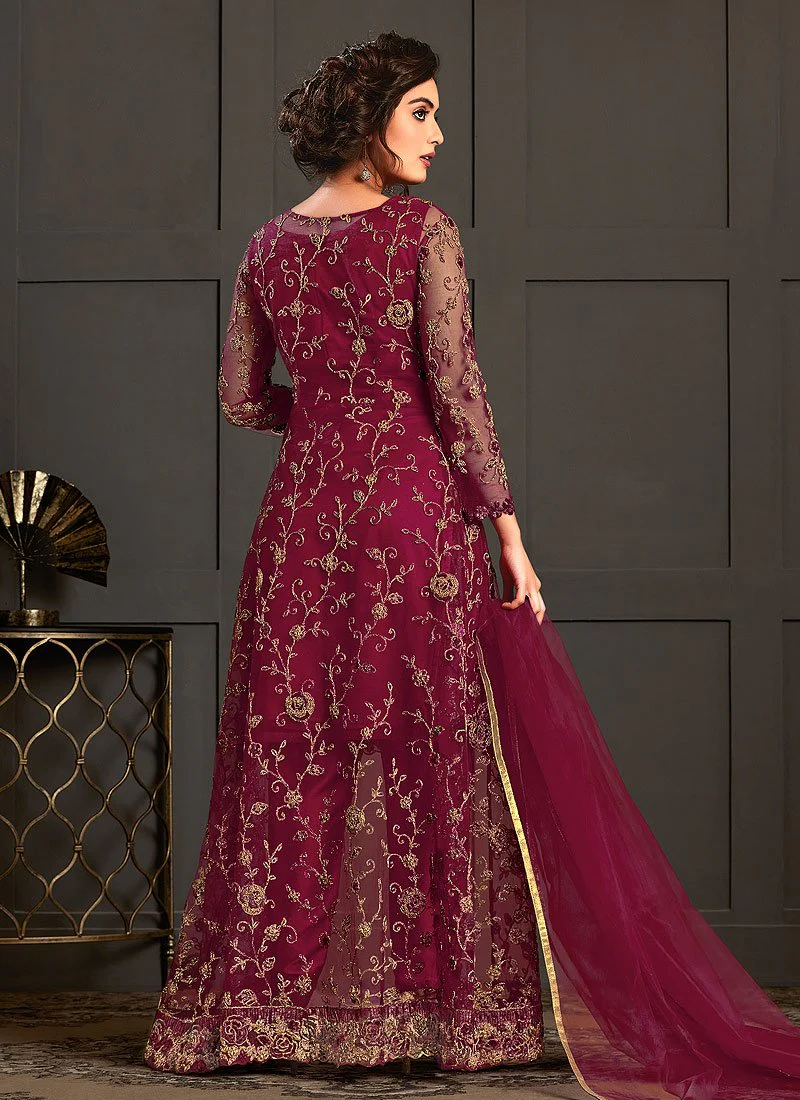 Bewitching Maroon Embroidered Net Jacket Style Suit - Image 3