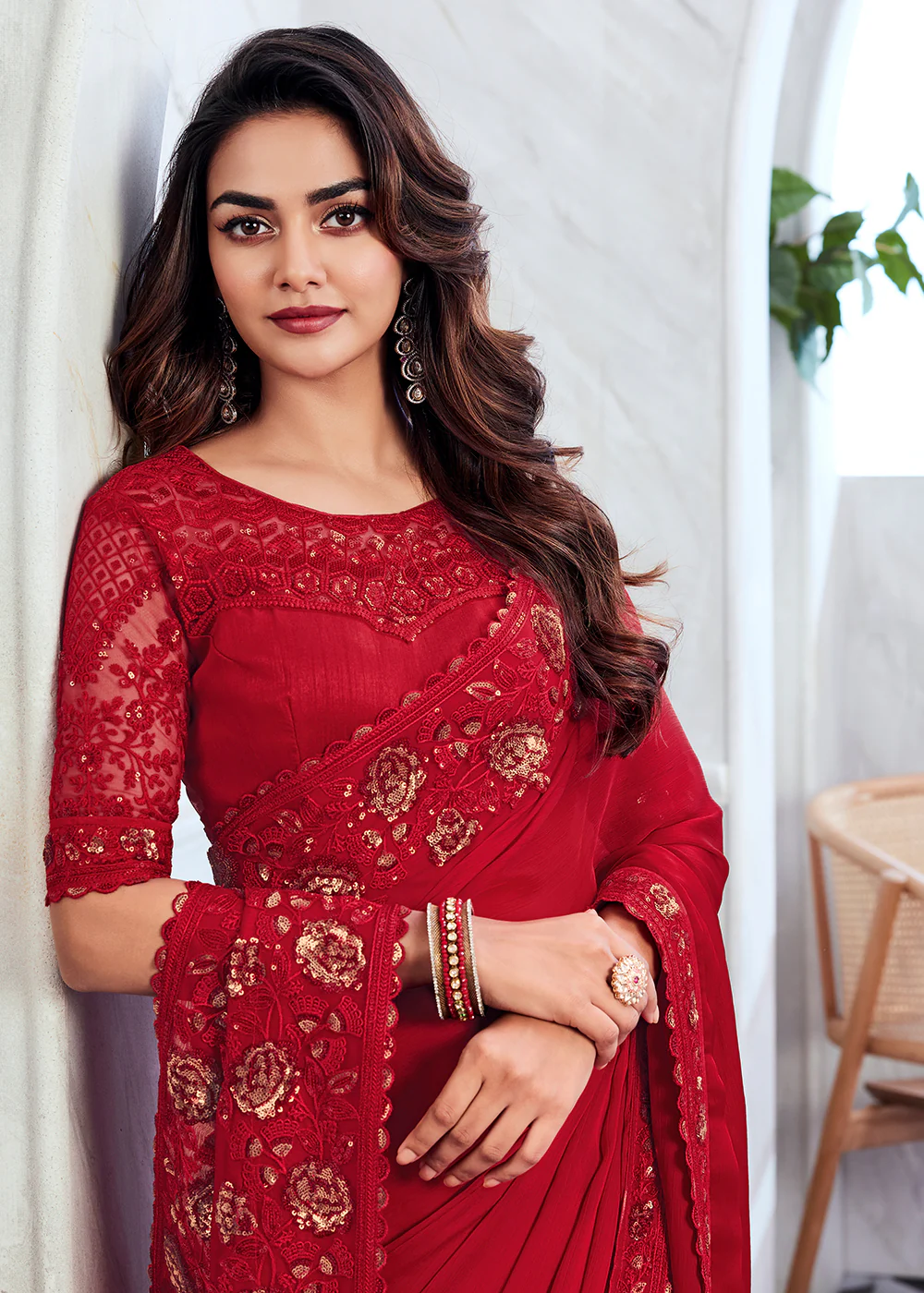 Bewitching Red Silk Embroidered Designer Saree - Image 2