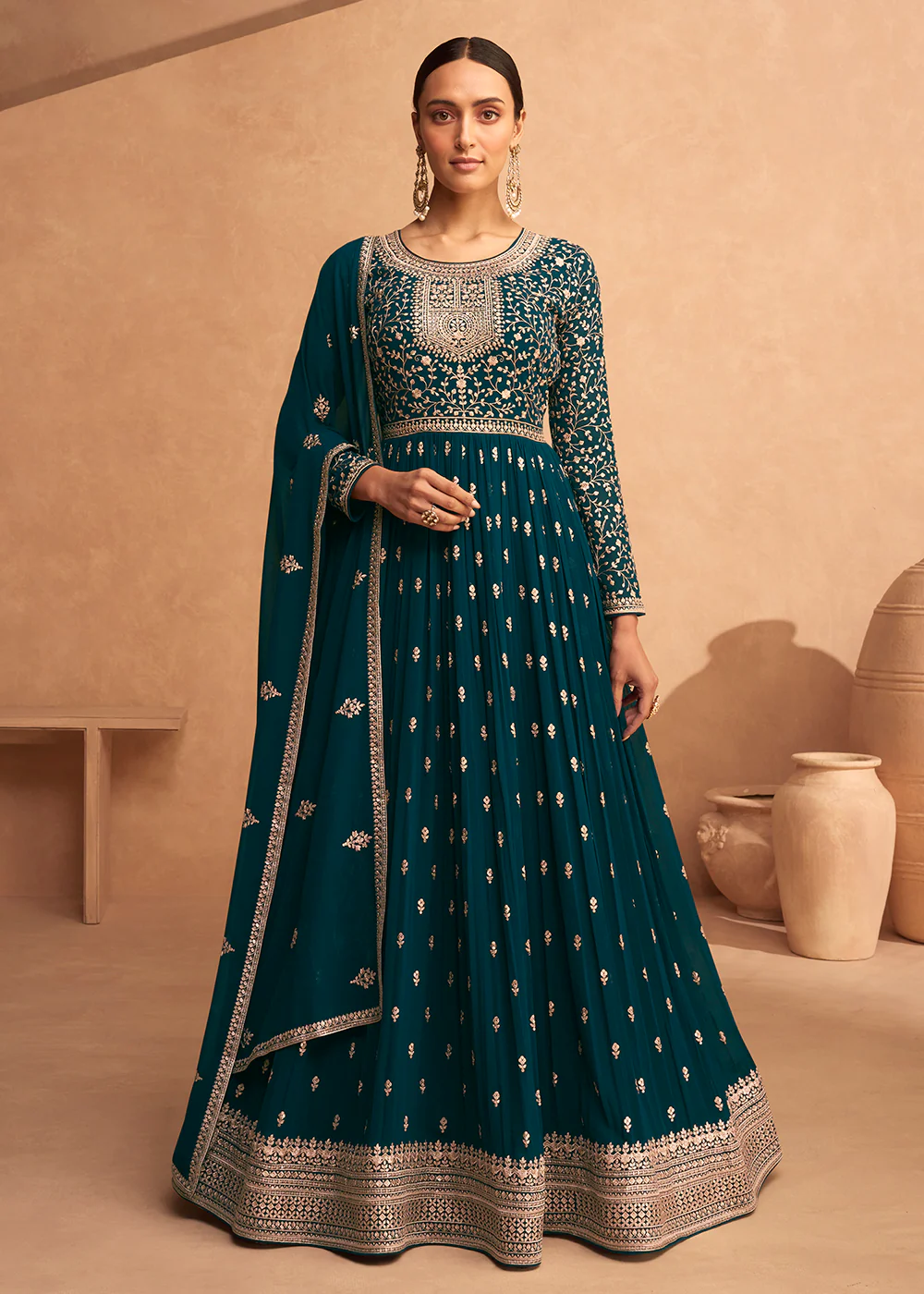 Bewitching Turquoise Georgette Wedding Festive Anarkali