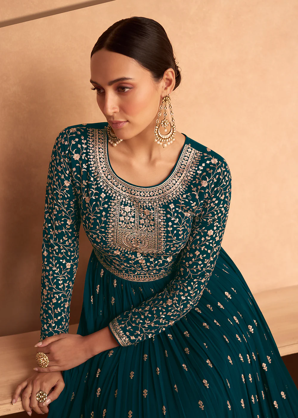 Bewitching Turquoise Georgette Wedding Festive Anarkali - Image 2