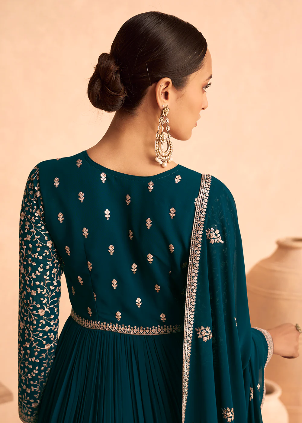 Bewitching Turquoise Georgette Wedding Festive Anarkali - Image 3