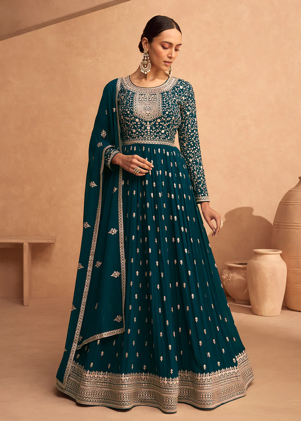 Bewitching Turquoise Georgette Wedding Festive Anarkali - Image 4