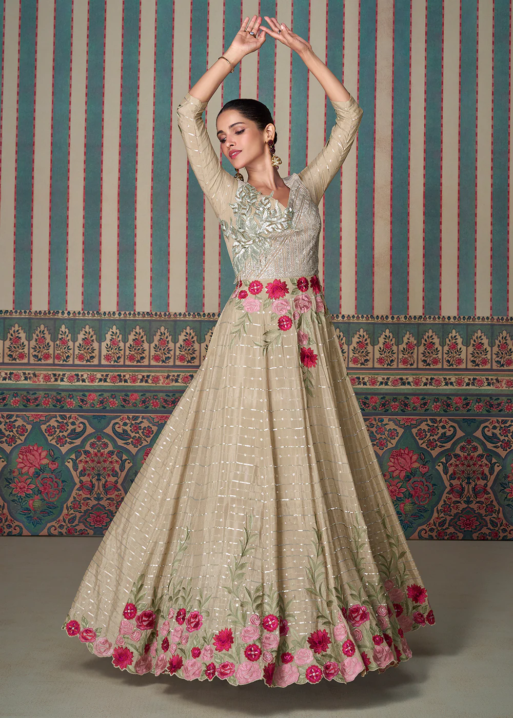 Beige Silk Embroidered Wedding Festive Anarkali Gown