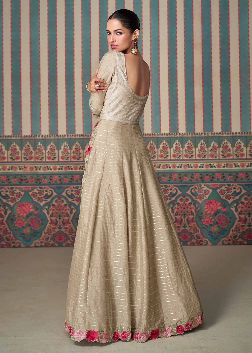 Beige Silk Embroidered Wedding Festive Anarkali Gown - Image 3