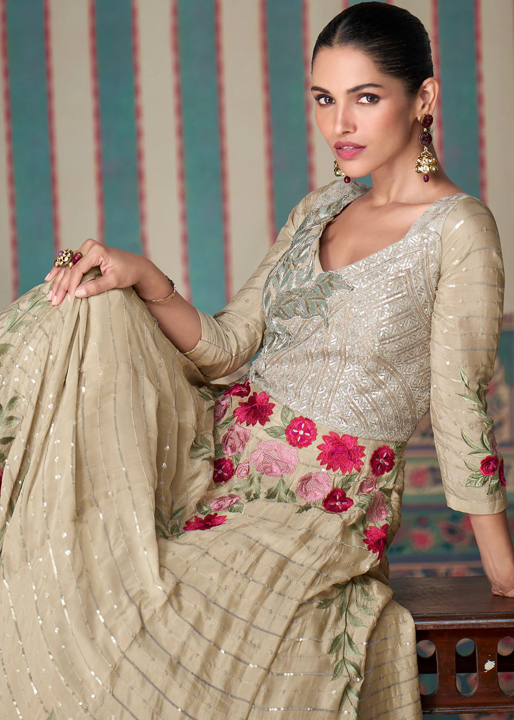 Beige Silk Embroidered Wedding Festive Anarkali Gown - Image 4