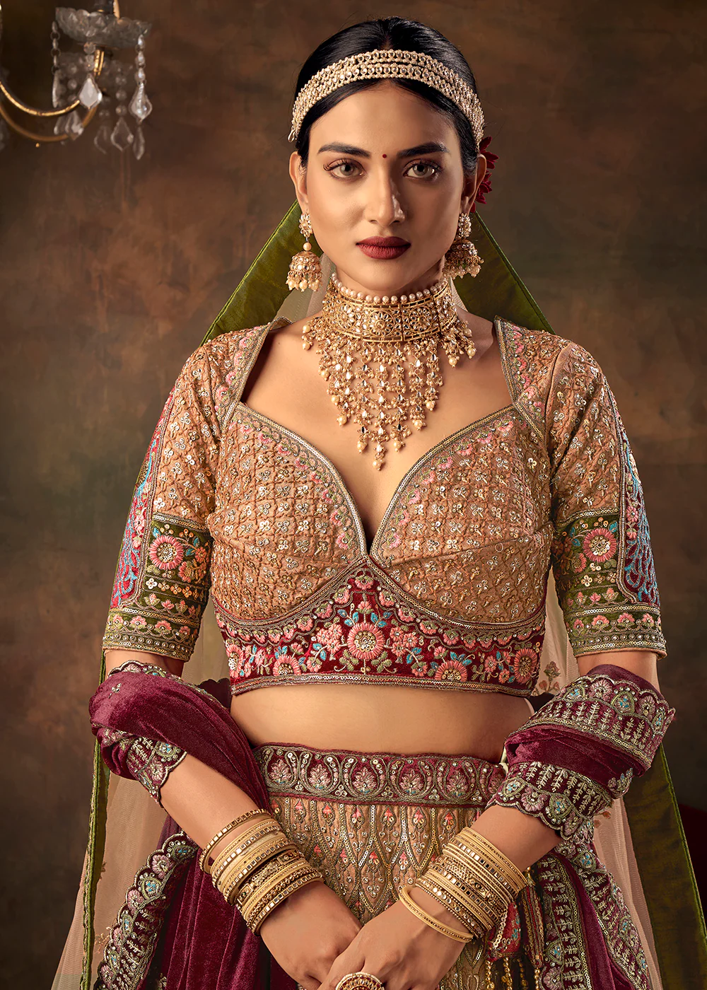 Biscuit Beige Velvet Hand Embroidered Bridal Lehenga Choli - Image 2