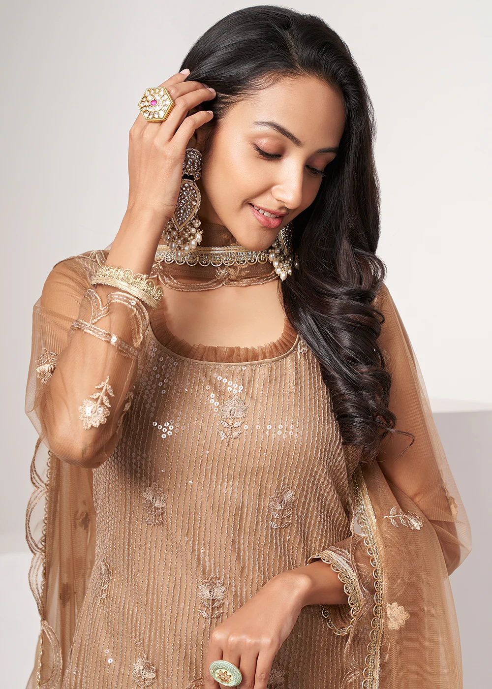 Biscuit Brown Net Embroidered Festive Salwar Suit - Image 2