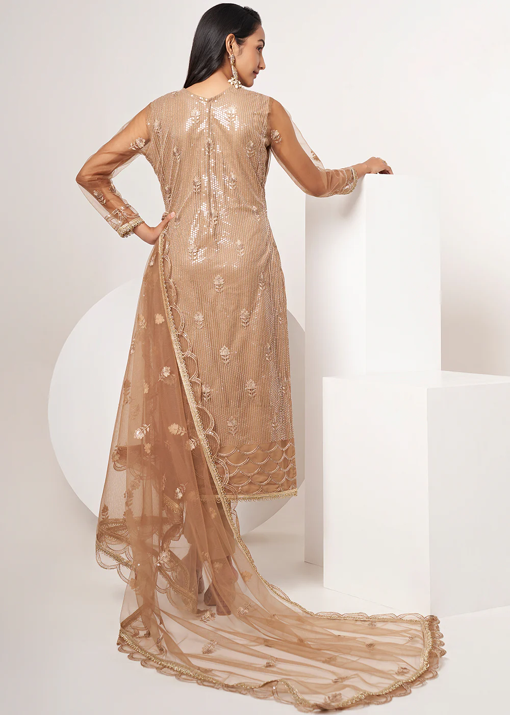 Biscuit Brown Net Embroidered Festive Salwar Suit - Image 3