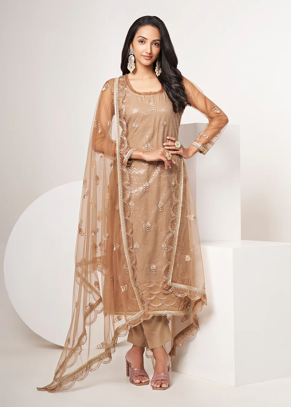 Biscuit Brown Net Embroidered Festive Salwar Suit - Image 4