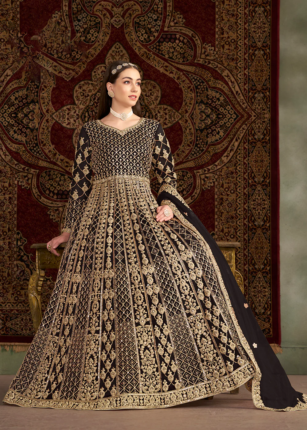 Black All Over Embroidered Net Wedding Anarkali Gown - Image 4