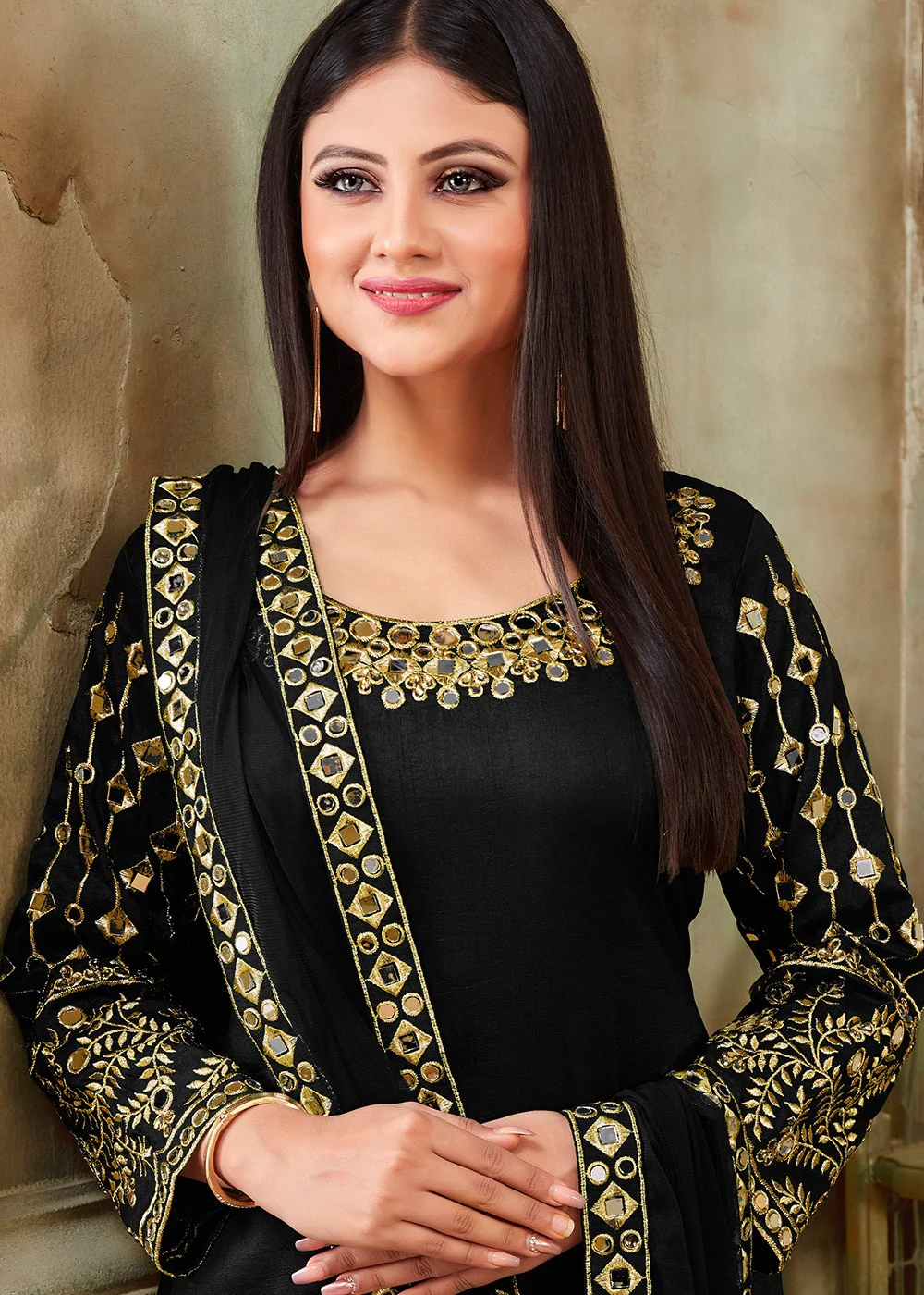 Black Art Silk Mirror Work Patiala Suit - Image 2