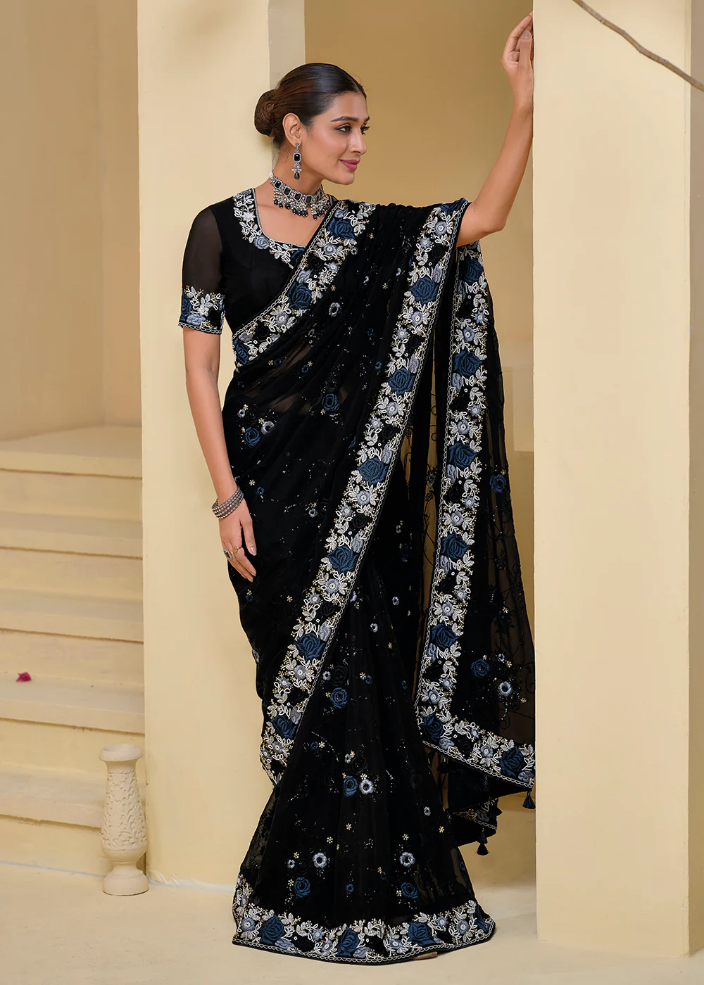 Black Banarasi Silk Embroidered Designer Saree - Image 3