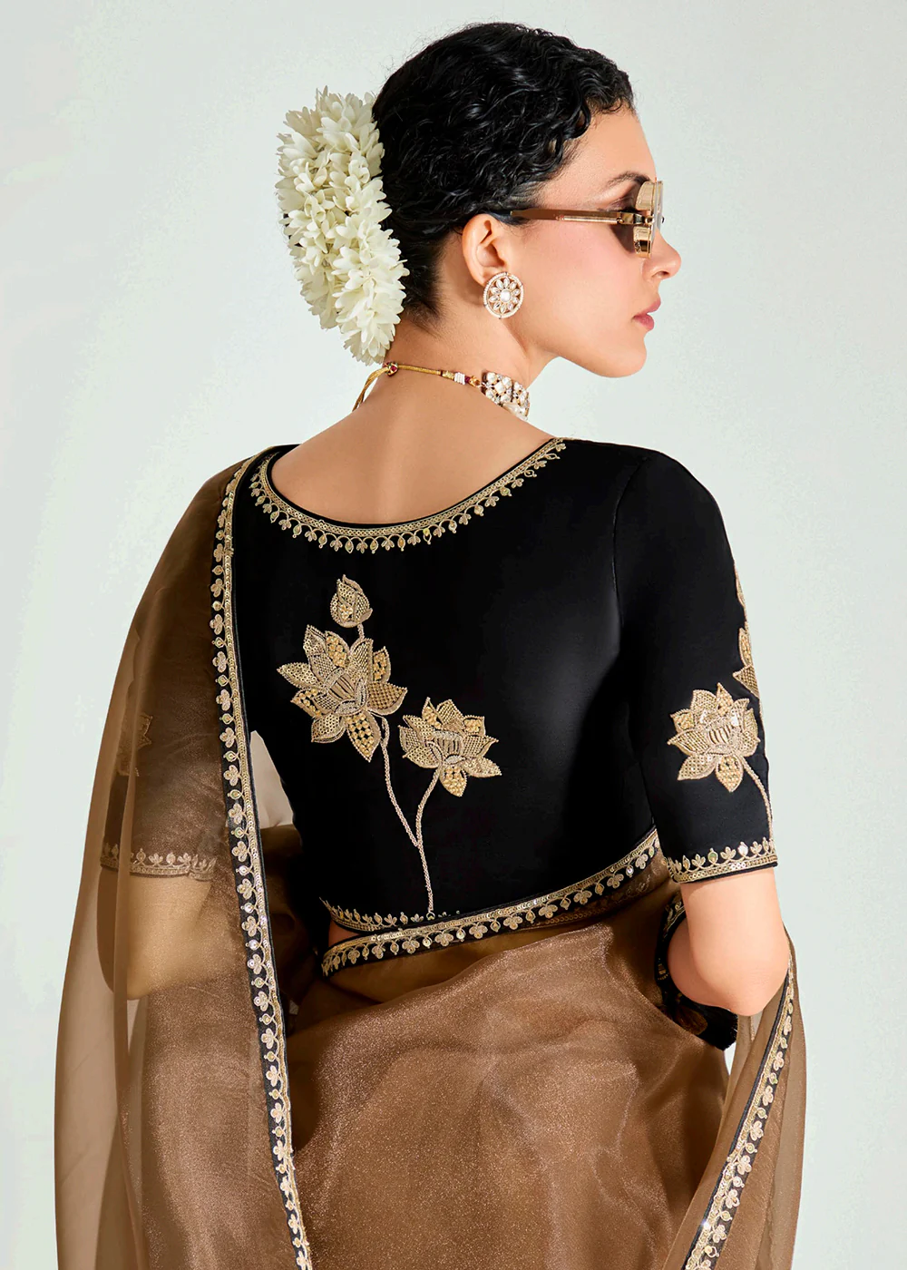 Black & Brown Organza Tissue Designer Party Wear Saree - Image 3