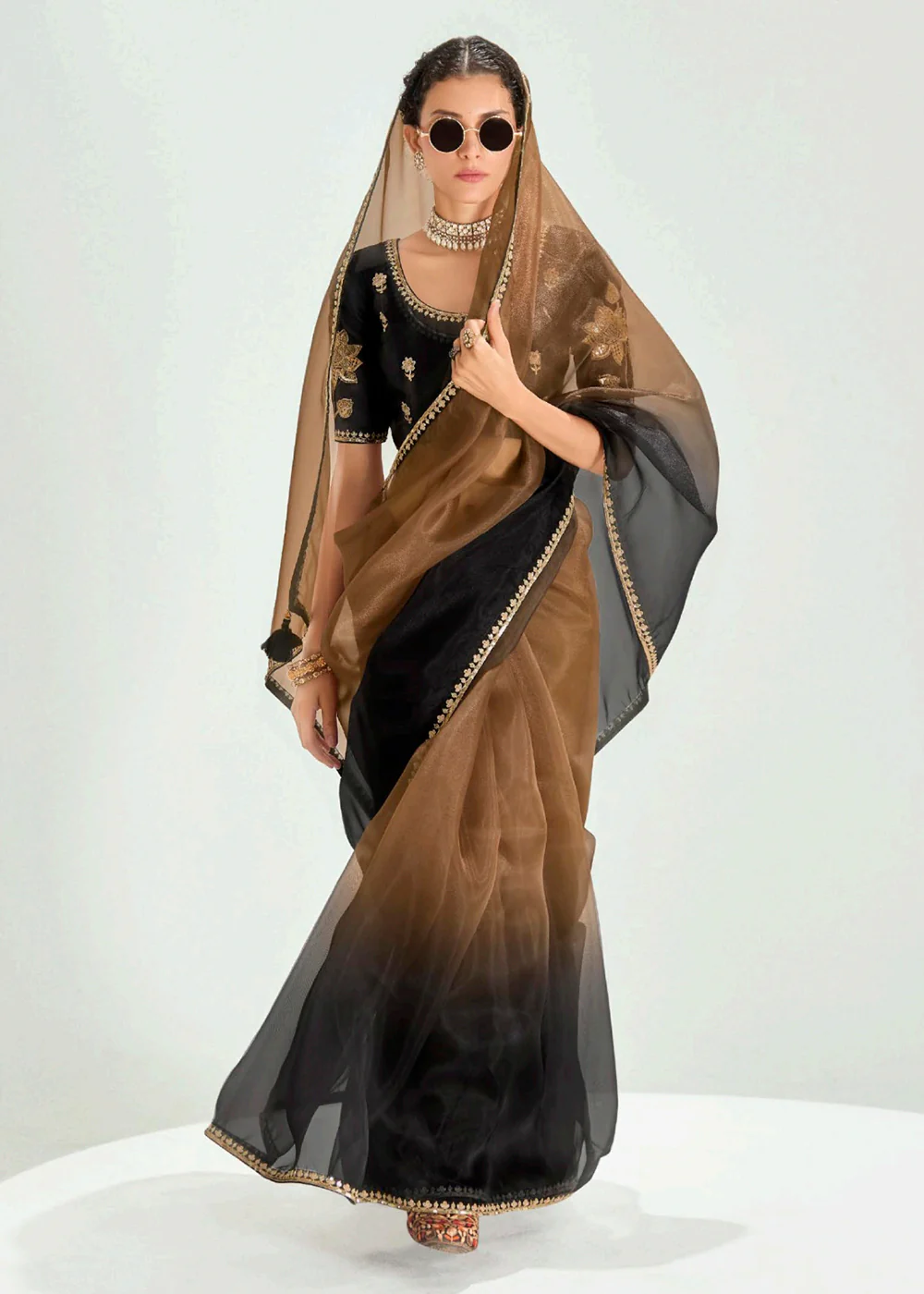 Black & Brown Organza Tissue Designer Party Wear Saree - Image 4