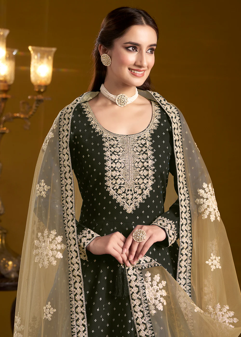 Black Chanderi Butti Embroidered Festive Anarkali Suit - Image 2