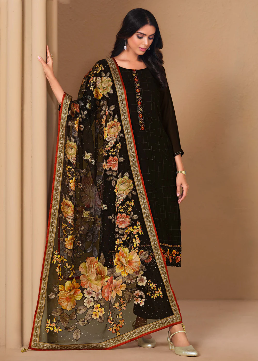 Black Chinnon Chiffon Embroidered Festive Salwar Suit - Image 3