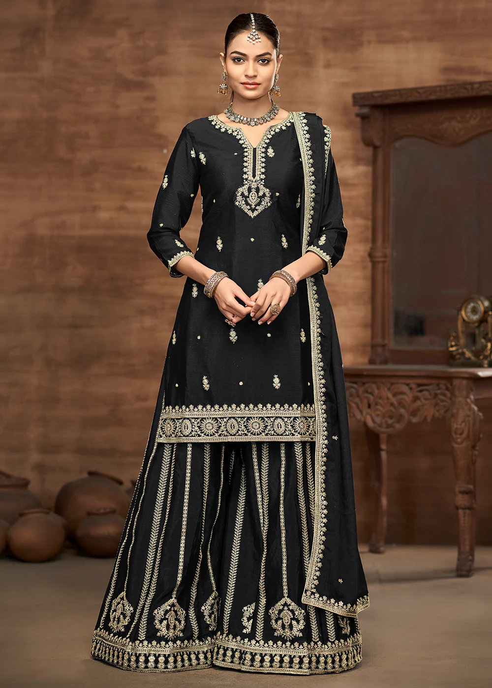 Black Chinnon Embroidered Wedding Festive Palazzo Suit