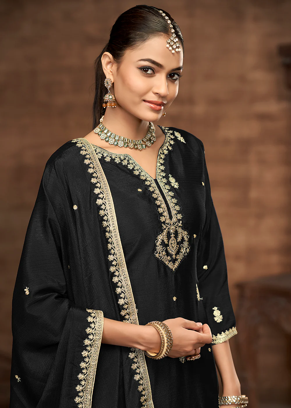 Black Chinnon Embroidered Wedding Festive Palazzo Suit - Image 2