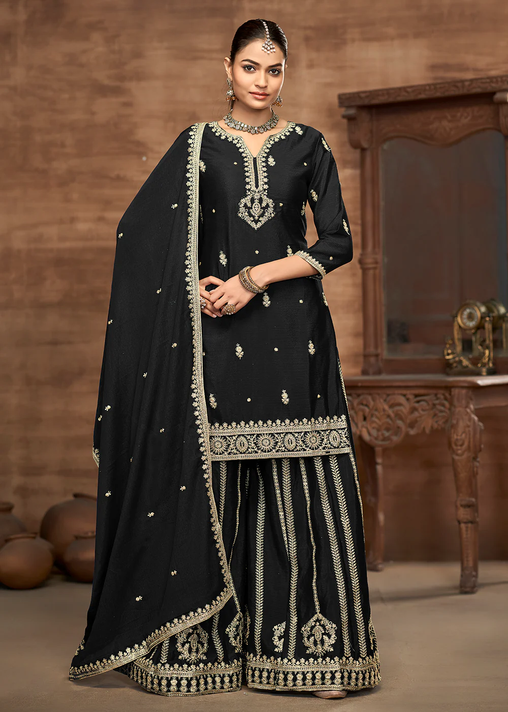 Black Chinnon Embroidered Wedding Festive Palazzo Suit - Image 4