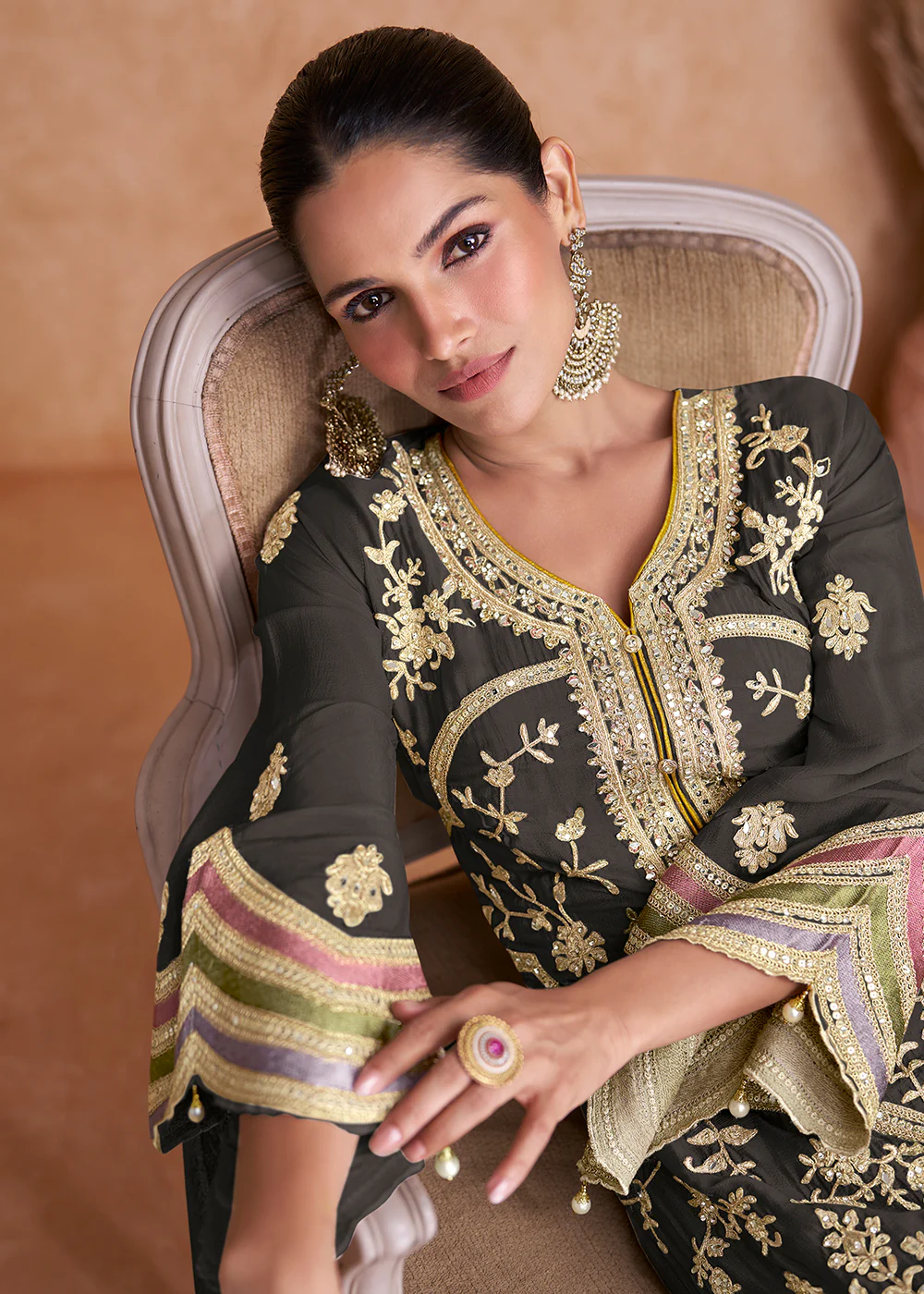 Black Chinnon Fabric Embroidered Designer Salwar Suit - Image 2