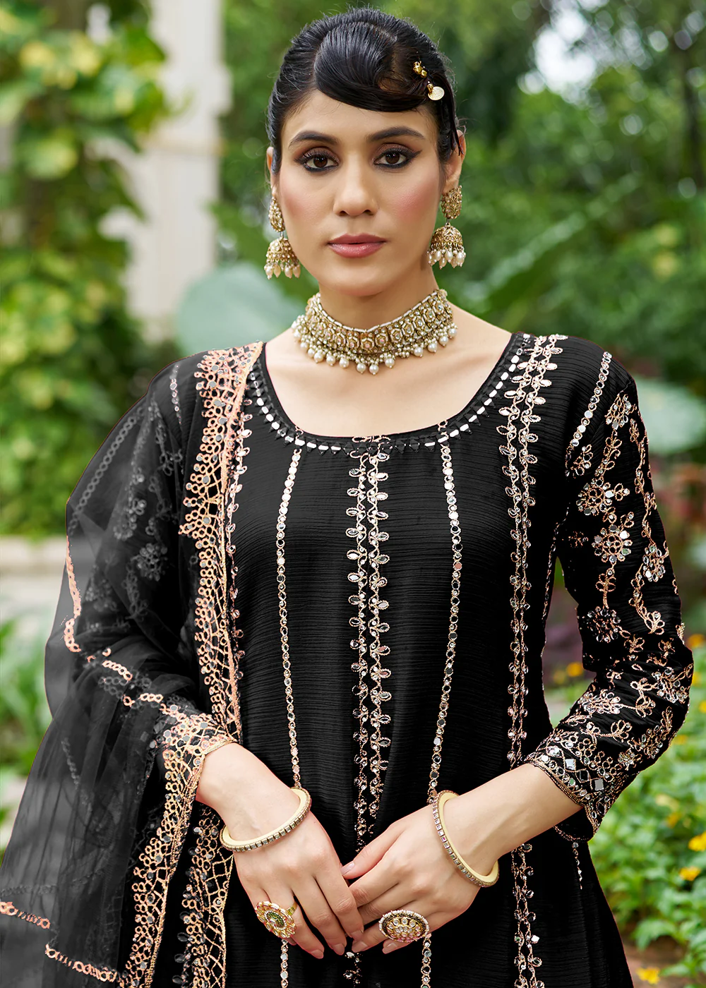 Black Chinnon Mirror Embroidered Palazzo Style Suit - Image 2