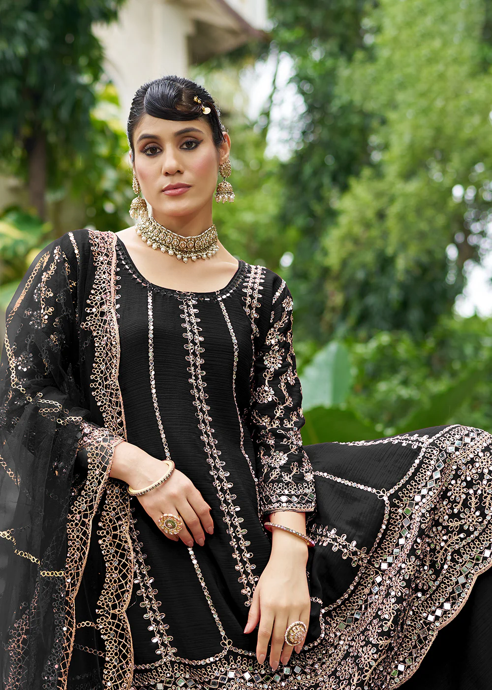 Black Chinnon Mirror Embroidered Palazzo Style Suit - Image 5