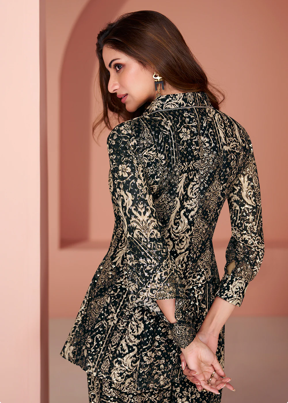 Black Cotton Silk Party Wear Indo-Western Co-Ords Set - Image 3