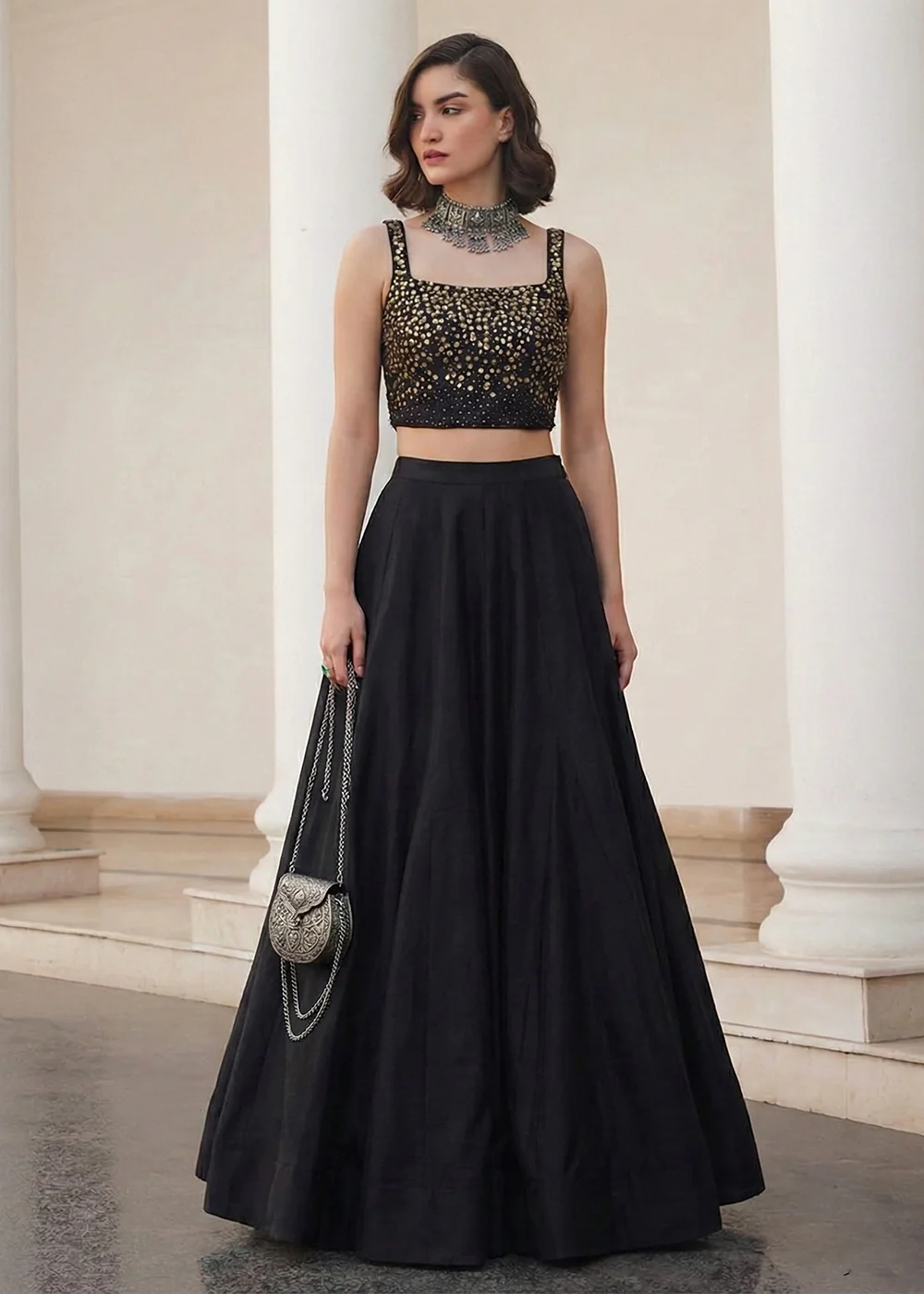 Black Crop Top Style Silk Party Wear Lehenga Set