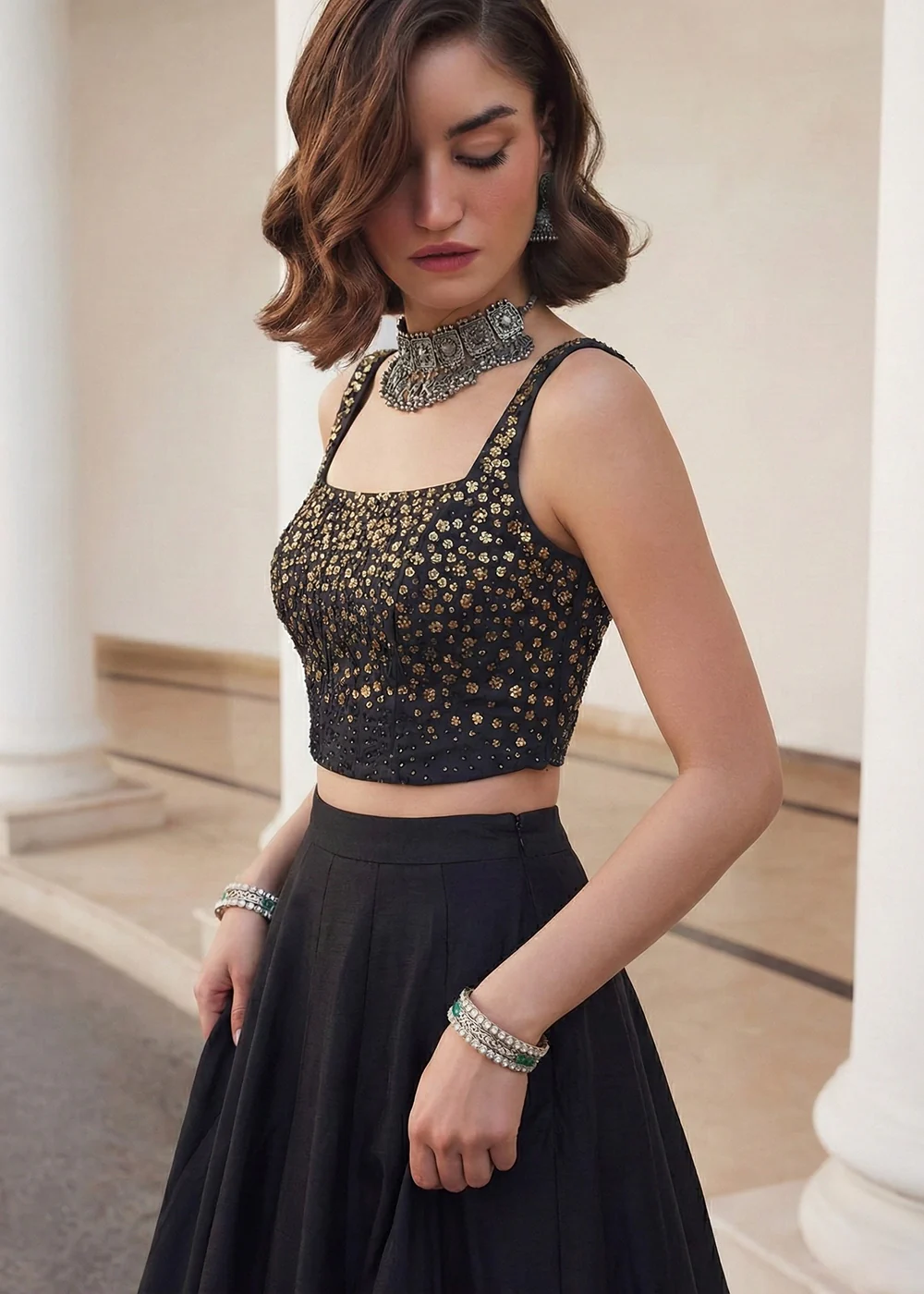 Black Crop Top Style Silk Party Wear Lehenga Set - Image 2