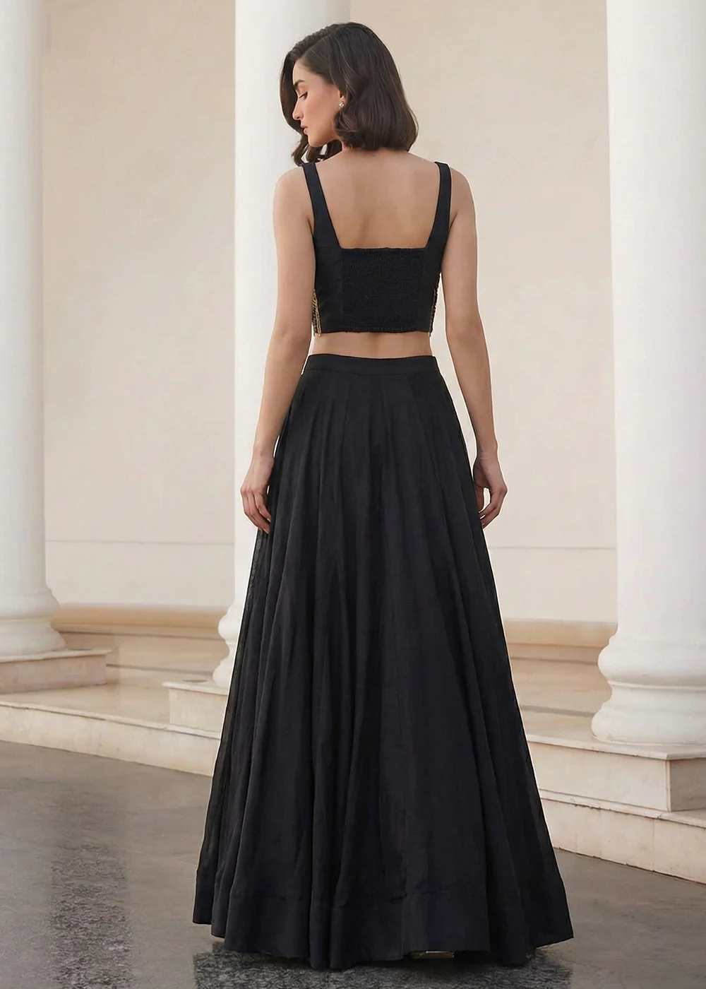 Black Crop Top Style Silk Party Wear Lehenga Set - Image 3