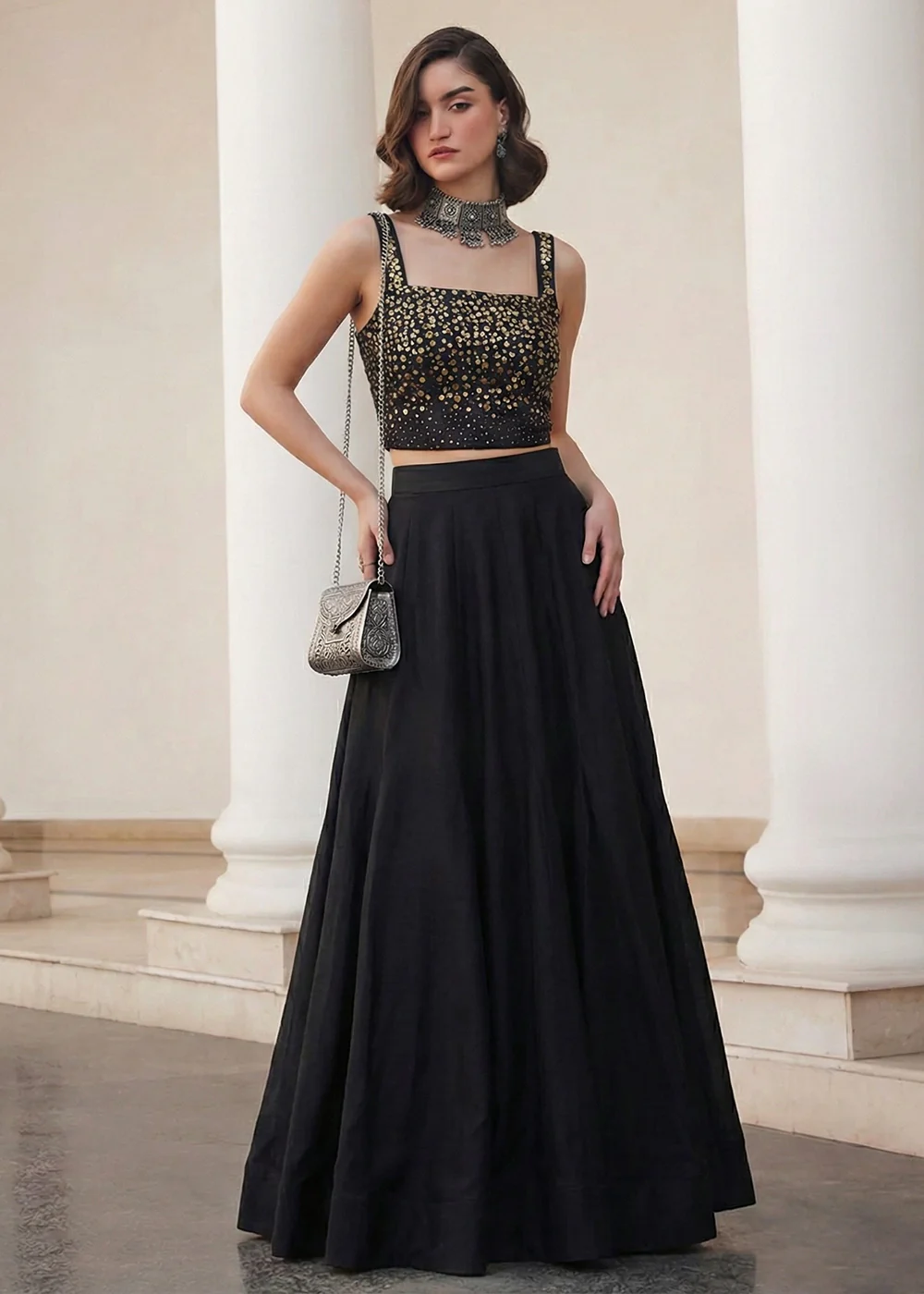 Black Crop Top Style Silk Party Wear Lehenga Set - Image 4